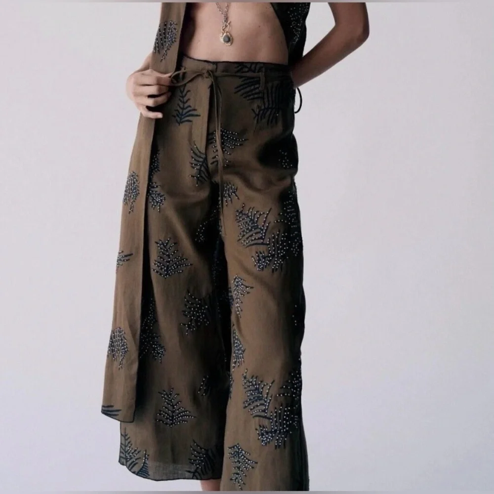 NWOT Zara ZW Collection embroidered hemp wide leg chocolate brown pants